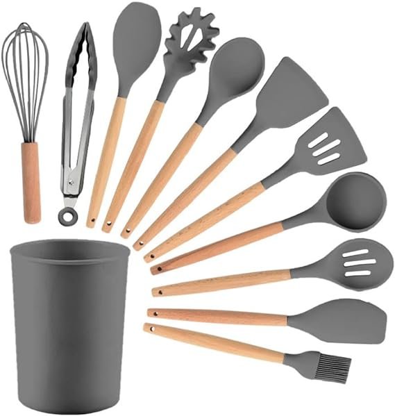 12 pcs Kitchen Cooking Utensils Set Silicone | Heat Resistant | Kitchen Utensils with Wooden Handle and Holder | Easy to Clean | Tongs, Spatula, Whisk, Spoon, Brush (Black)