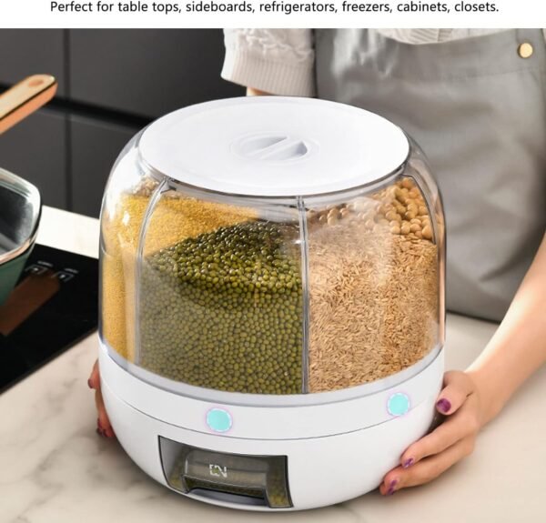 Genius 13.2lb Cereal Rice and Grain Storage Container, 360°Rotating Dry Food Round Dispenser, 6 Compartment Kitchen Organizer with Lid Moisture Resistant for All Beans, Barley, Millet - Image 10