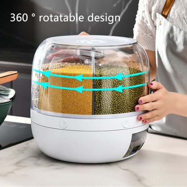 Genius 13.2lb Cereal Rice and Grain Storage Container, 360°Rotating Dry Food Round Dispenser, 6 Compartment Kitchen Organizer with Lid Moisture Resistant for All Beans, Barley, Millet - Image 2