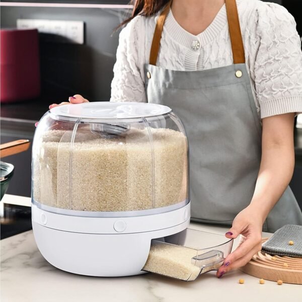 Genius 13.2lb Cereal Rice and Grain Storage Container, 360°Rotating Dry Food Round Dispenser, 6 Compartment Kitchen Organizer with Lid Moisture Resistant for All Beans, Barley, Millet - Image 4