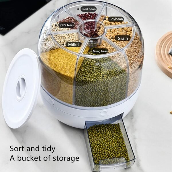 Genius 13.2lb Cereal Rice and Grain Storage Container, 360°Rotating Dry Food Round Dispenser, 6 Compartment Kitchen Organizer with Lid Moisture Resistant for All Beans, Barley, Millet - Image 9