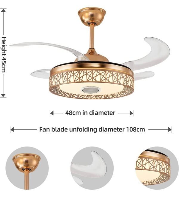 MODI 42 inch Ceiling Fan with LED Light Kit Remote Control Modern Blade Noiseless copper Motor, Dimming and Color Temperature Adjustment, 3-speed, tricolor adjustable (Gold) - Image 3