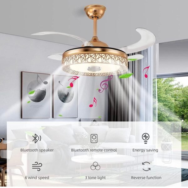 MODI 42 inch Ceiling Fan with LED Light Kit Remote Control Modern Blade Noiseless copper Motor, Dimming and Color Temperature Adjustment, 3-speed, tricolor adjustable (Gold) - Image 4