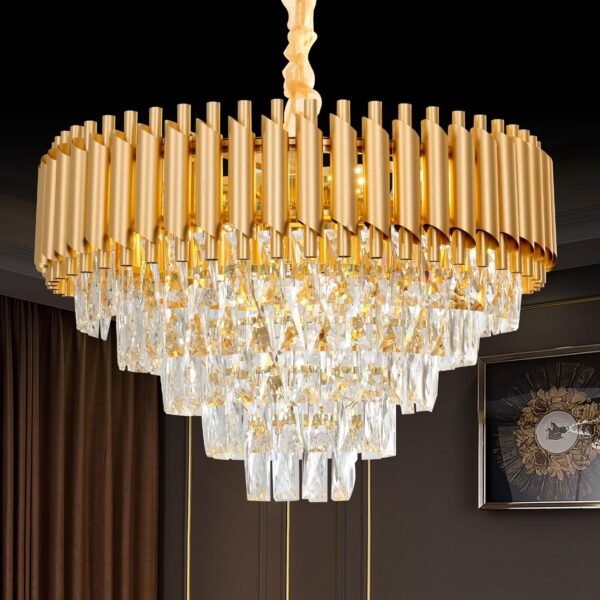 Crystal Chandelier Living Room,Dia 60cm Gold Modern Crystal Chandelier Lamp, Round Crystal Chandelier Light for Dining Room, Hotel Hall Art Decor