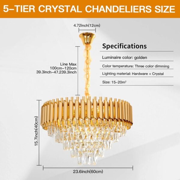 Crystal Chandelier Living Room,Dia 60cm Gold Modern Crystal Chandelier Lamp, Round Crystal Chandelier Light for Dining Room, Hotel Hall Art Decor - Image 5